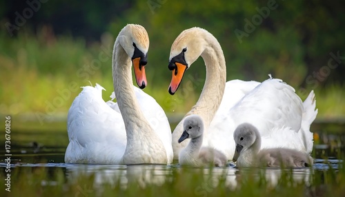Fototapeta Naklejka Na Ścianę i Meble -  A pair of swans with their cygnets gracefully glide on the tranquil water's surface, showcasing a tender family bond amidst lush greenery.