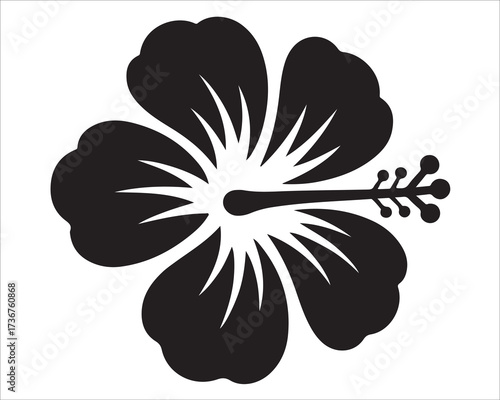 Silhouette of hibiscus flower isolated on white background, simple black tropical floral illustration symbolizing beauty, nature, summer, exotic plants, decoration, relaxation, and vacation design con