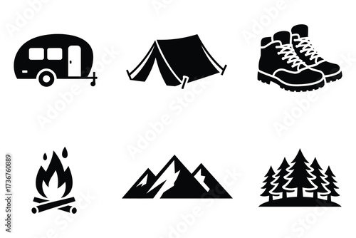 Camping icons set caravan tent hiking boots campfire mountains pine forest adventure leisure