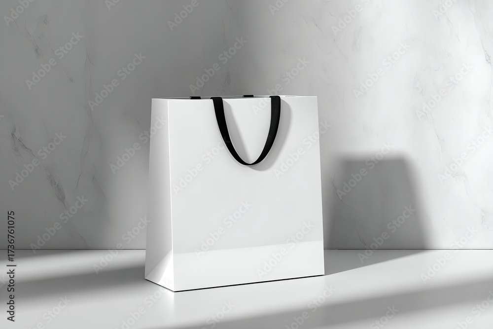 Stunning clean white luxury shopping bag with elegant black ribbon handle elegantly displayed on a minimalist surface, perfect for premium branding and retail
