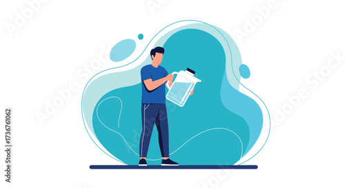 Man Examining A Glass Jug, Vector Illustration, Drink, Healthy Lifestyle Concept