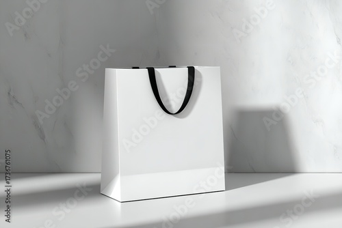 Stunning clean white luxury shopping bag with elegant black ribbon handle elegantly displayed on a minimalist surface, perfect for premium branding and retail
