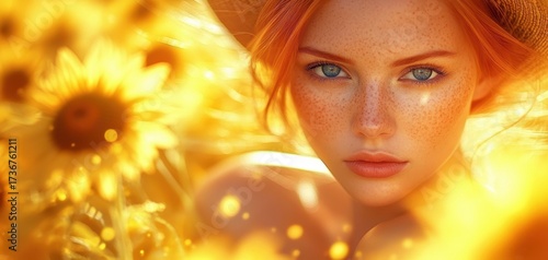 Fototapeta Naklejka Na Ścianę i Meble -  Girl with red hair stands in a field of yellow sunflowers at sunset during summer