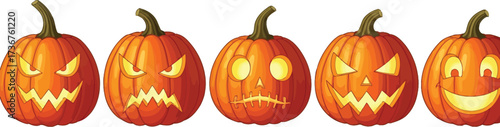 Spooky and funny halloween pumpkins with carved faces for a festive celebration