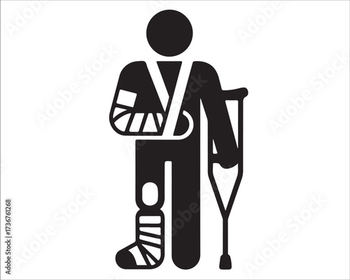 Injured person silhouette with crutch arm sling and leg cast