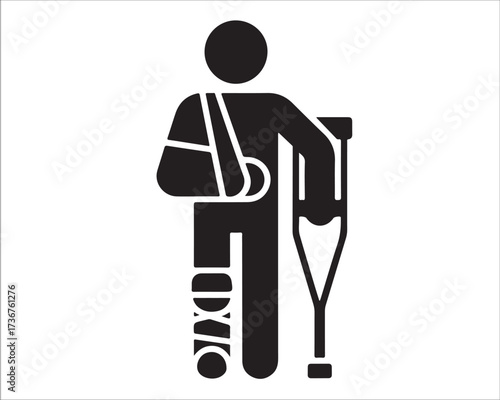 Silhouette of injured person with arm in sling and leg cast using crutch, isolated on white background, medical health care icon symbolizing accident, recovery, rehabilitation, trauma, and hospital tr