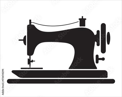 Silhouette of vintage sewing machine isolated on white background, simple black illustration symbolizing tailoring, handmade clothing, textile craft, fashion design, industry, and creative workshop eq