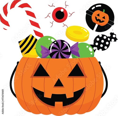 Spooky halloween pumpkin bucket overflowing with colorful candy and treats for trick or treat