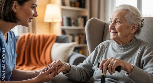 Elderly Caregiver Supporting Senior Woman with Disabilities in Cozy Living Room for Health Blogs, Wellness Websites, Caregiver Education, and Social Media Awareness