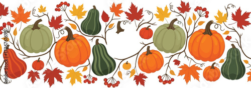 Festive autumn pumpkins and fall leaves seamless border for thanksgiving celebrations