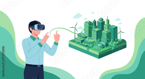 Man experinced virtual reality with eco city model futurism technology sustainability