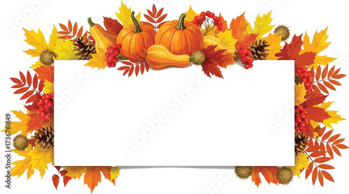 Design a fall harvest festival invitation with pumpkins and autumn leaves border