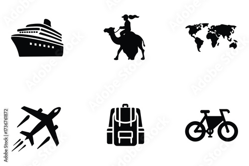 Collection of diverse travel and adventure icons for global exploration and tourism concepts
