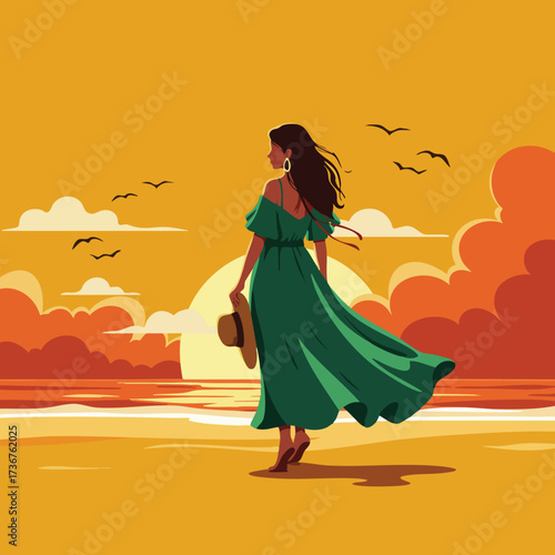 Woman walking on beach during sunset wearing green dress holding hat with birds flying in golden sky