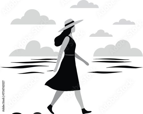Woman walking on beach wearing hat and dress with clouds in black and white vector design