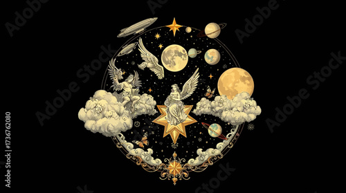 Ornate celestial illustration featuring stars, planets, moons, clouds, winged creatures, and decorative elements in a circular composition against black.