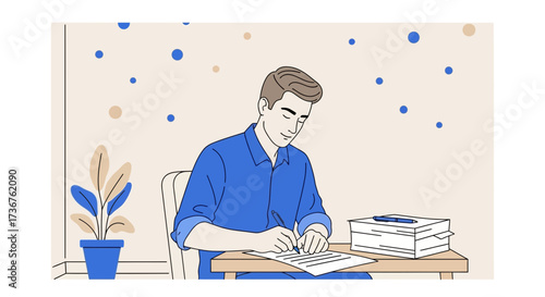 Man writing at his desk with a plant, a stack of papers, and dots on the wall