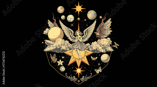 Angelic figure with wings surrounded by planets, stars, clouds, and butterflies, set against a dark background.