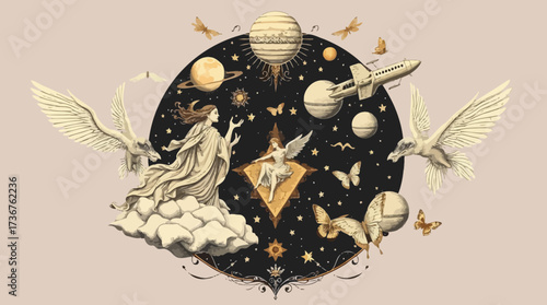 Dreamlike illustration featuring a woman on a cloud, surrounded by planets, birds, a rocket, and celestial elements in a vintage style.