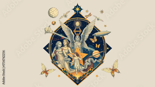 Illustration featuring winged figures, stars, planets, and butterflies in a celestial, dreamlike composition with a vintage aesthetic.