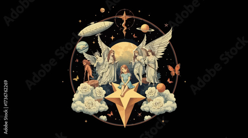 An illustration featuring angels flanking a girl seated on a star, surrounded by clouds, planets, and celestial elements against a dark background.