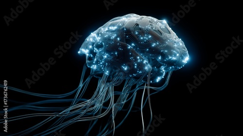 Glowing human brain made with futuristic circuitry floating in space. AI generated.