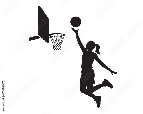 Silhouette of female basketball player jumping to score a basket, isolated on white background, sporty woman figure in action pose with ball and hoop, dynamic athletic movement symbolizing competition