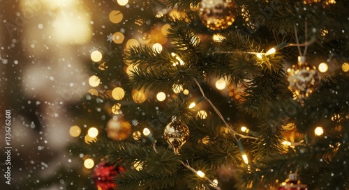 Wallpaper Mural Christmas tree decorated with ornaments and lights in snowy setting   Torontodigital.ca