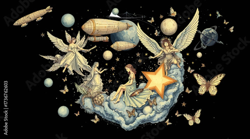 An imaginative illustration of celestial beings, planets, clouds, and butterflies in a whimsical fantasy scene.