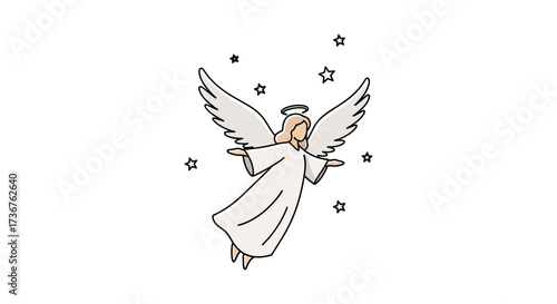 An illustration of a heavenly angel with outstretched arms, surrounded by stars.