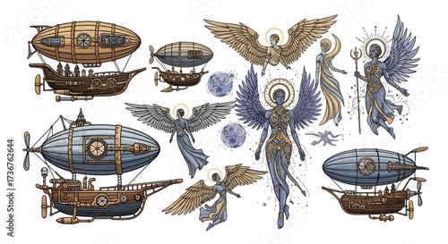 A whimsical illustration showcasing steampunk airships and celestial angels in a detailed, artistic composition.