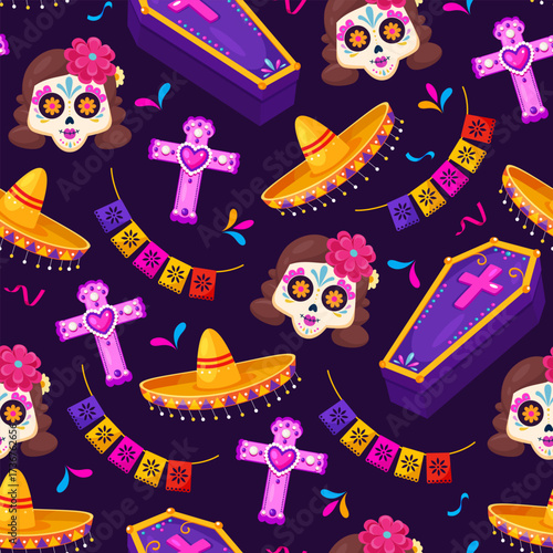 Dia de los muertos holiday vector cartoon seamless pattern with women skulls, coffins, decorative crosses, sombreros, decorative garlands, confetti isolated on purple background.