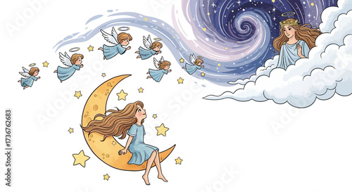 A girl sits on a crescent moon looking towards angels and a woman in the clouds amidst a swirling starry sky.