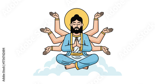 A serene figure with multiple arms meditates in a peaceful, spiritual pose.
