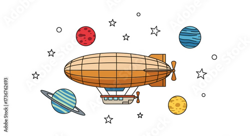 A cartoon illustration of a dirigible airship floating amongst planets and stars in space.