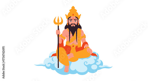 Illustration of a deity with a trident, seated in a lotus position on a cloud.