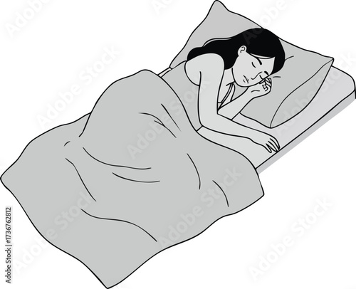 Woman peacefully sleeping on bed covered with blanket resting head on pillow in calm relaxed pose vector illustration