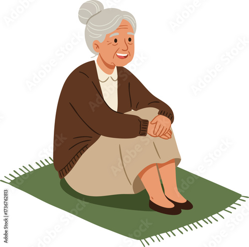 Elderly woman sitting on green rug wearing brown cardigan and beige skirt vector illustration with calm expression