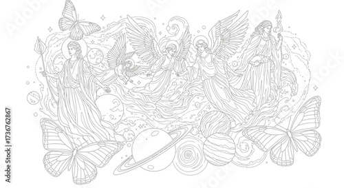 A detailed line art illustration depicting celestial figures with wings, butterflies, and planets.