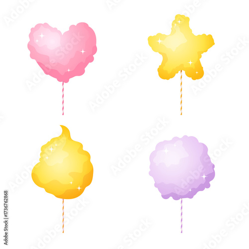 Vector illustration of colorful cotton candy different colors and shapes. Sweet dessert design in pastel tones, creative confectionery art for children’s party, carnival, festival, fair, etc.	