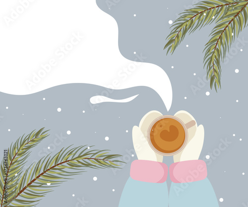 Winter illustration with cozy mittens holding hot coffee cup, steam heart shape, snowy background and fir branches, holiday season concept, warm drink in cold weather, vector flat design art