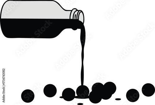 Medicine bottle pouring black liquid with scattered pills on white background vector illustration