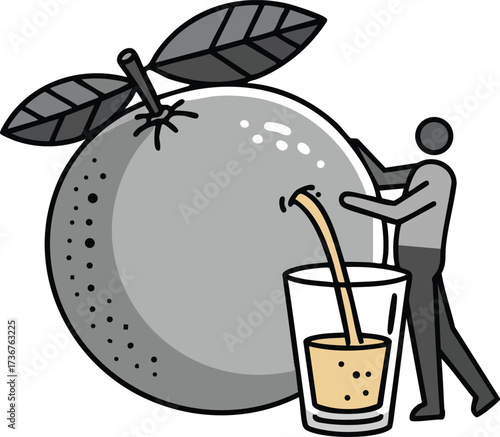 Orange juice pouring from giant orange fruit into glass with person silhouette vector illustration