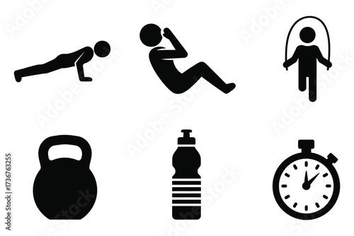 Fitness icons silhouette set for health workout exercise and sports activity