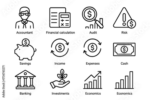 Financial activities illustrated with icons showing accounting, savings, investment, and economic concepts for educational purposes