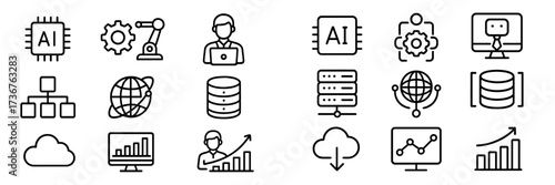 Technology icons depicting artificial intelligence, data processing, and automation in various digital environments