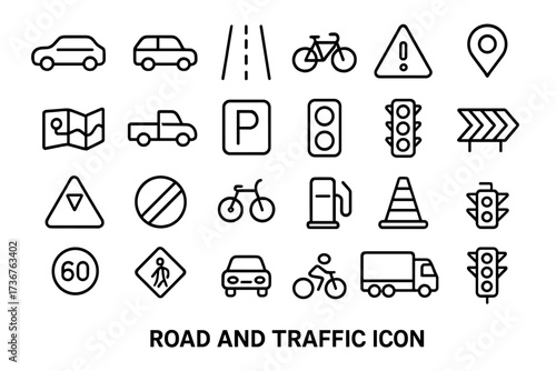 Road and traffic icons collection featuring vehicles, signs, and symbols for transportation and navigation