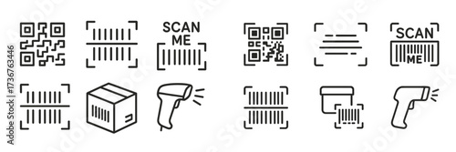 Variety of barcode and QR code designs for scanning and product identification in various applications