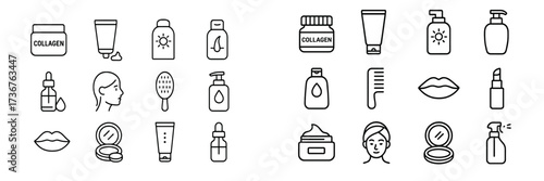 Collection of beauty and skincare icons featuring products for healthy skin and hair care with various application methods