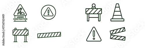 Construction signs and symbols illustrate safety and warning measures in urban settings during road work activities
